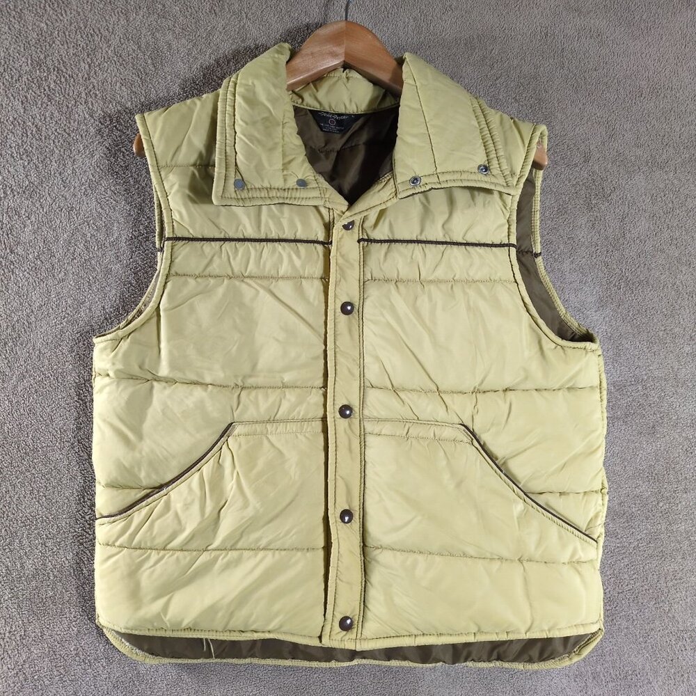 VTG David Peyser Puffer Vest Mens L Snap Front Puffer Khaki‎ Brown USA Made 80s